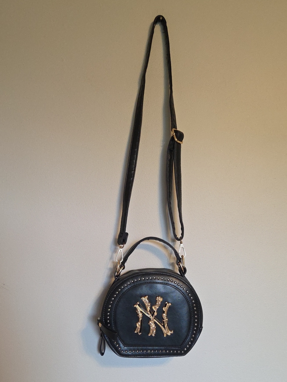 Gold New York NY Black Faux Leather Round Crossbody Bag